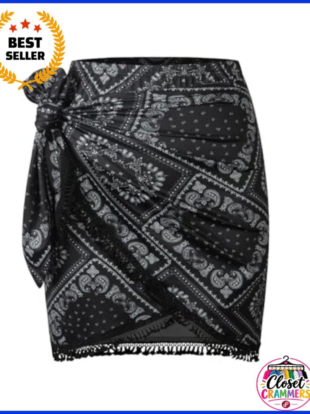 Boho Print Tie Side Wrap Mini Skirt with Tassel Hem Slit Beach Skirt